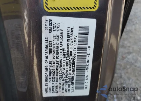2012 Honda Odyssey Exl z USA, uszkodzony, nr VIN 5FNRL5H6XCB095676